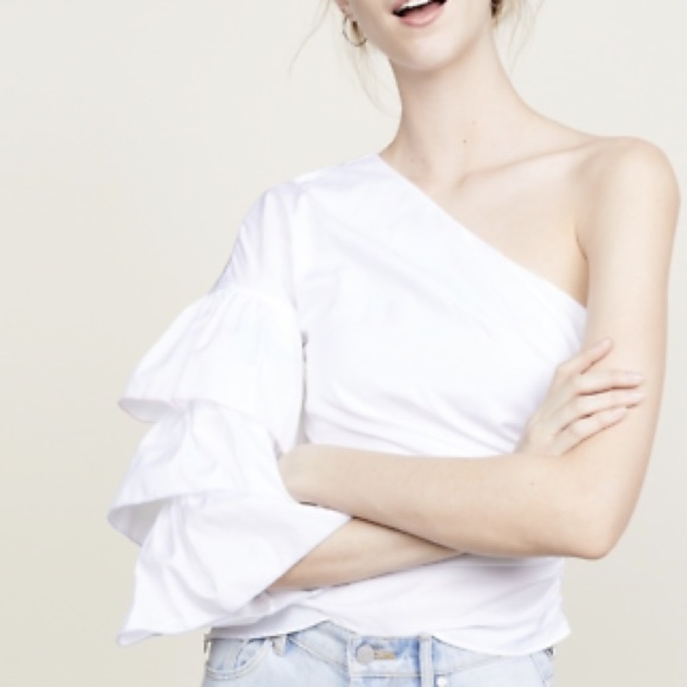 Petersyn Size Small One Shoulder Blouse Tiered Ruffle Sleeve White